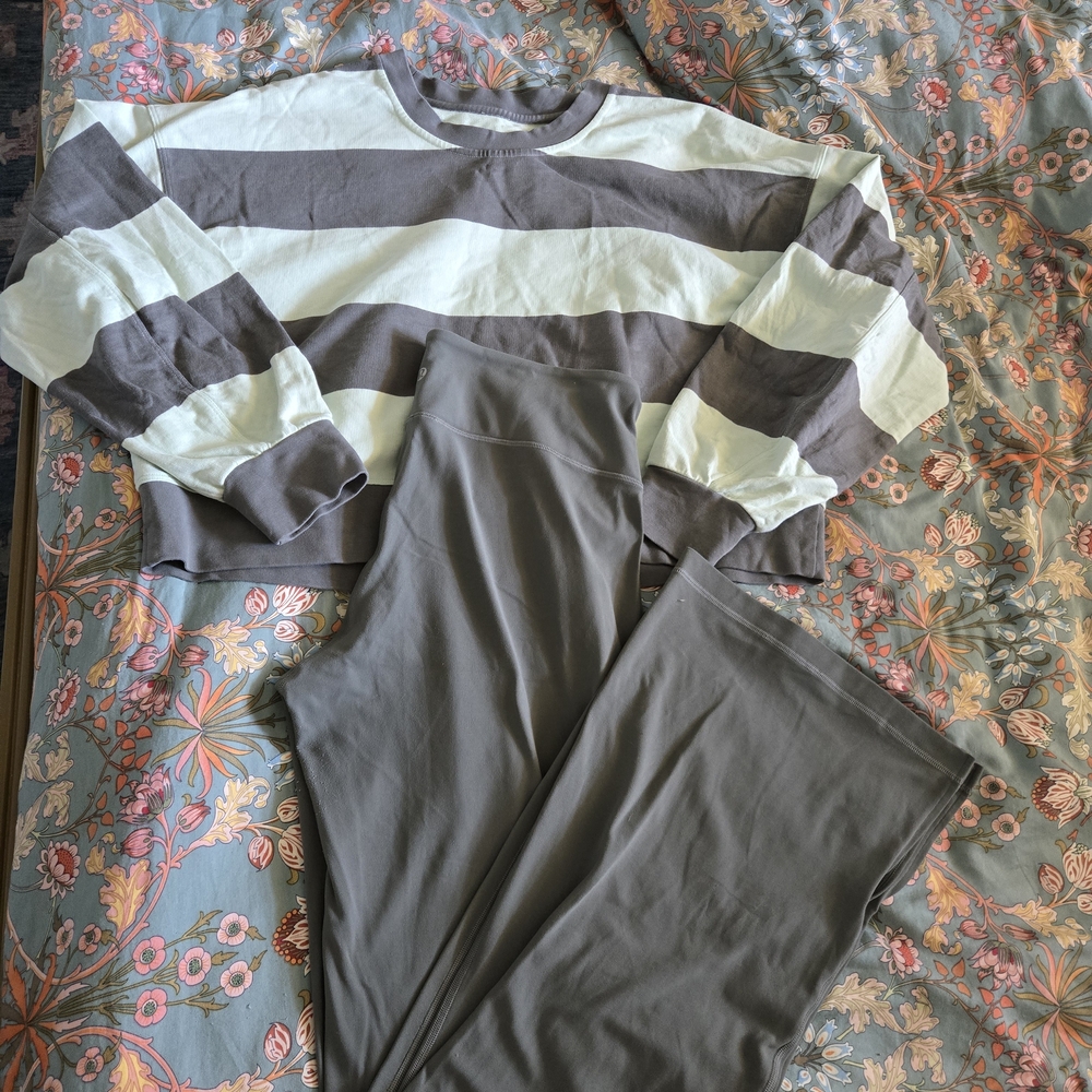lululemon athletica flare pant and cropped striped sweatshirt